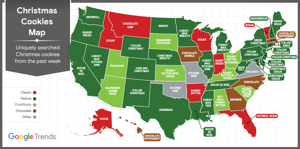 map showing uniquely searched christmas cookies in the united states over the past week