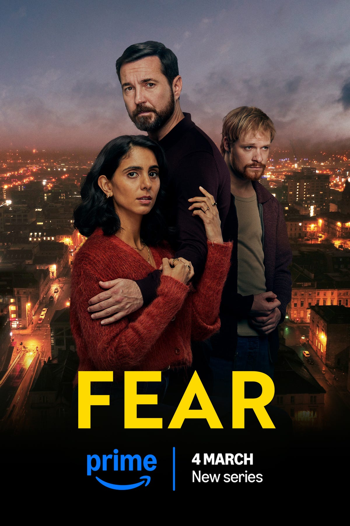 promotional graphic for a new series titled fear releasing on march 4 featuring three individuals in an urban nighttime setting