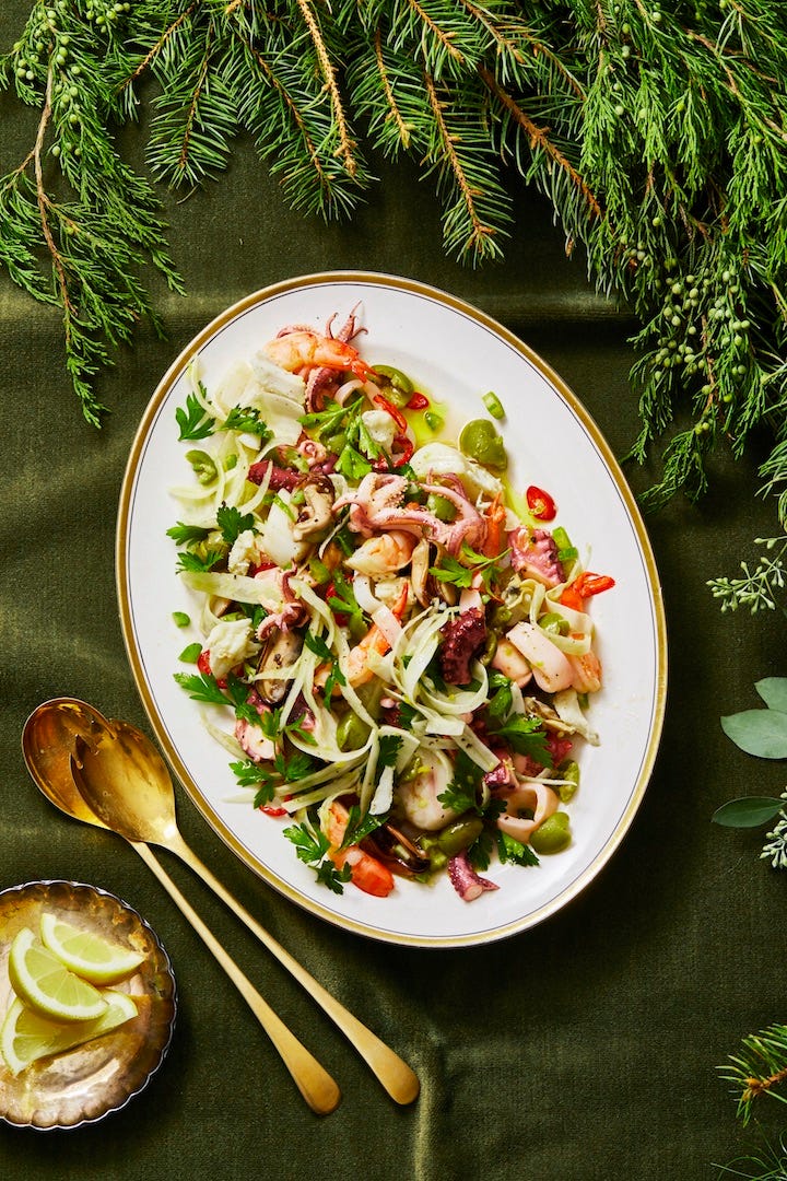 feast of the seven fishes salad on a white plate