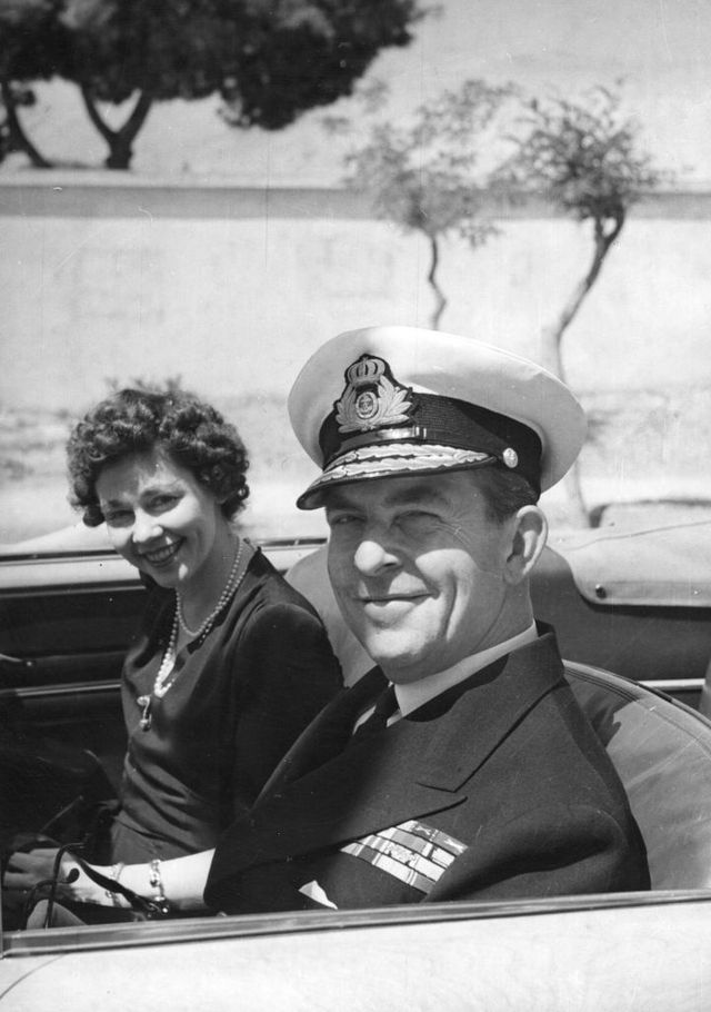 circa 1947  king paul i of the hellenes 1901   1964, king since 1947 with his wife queen frederika 1917   1981, setting off for the palace in athens from their suburban home, as they do every day  photo by topical press agencygetty images
