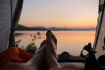 feet of male hiker inside tent with mosquitos waiting on mesh doorway, staloluokta, padjelantaleden trail, lappland, sweden