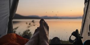 feet of male hiker inside tent with mosquitos waiting on mesh doorway, staloluokta, padjelantaleden trail, lappland, sweden