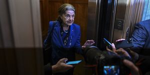 washington, dc february 14 sen dianne feinstein d ca is mobbed by reporters as she enters an elevator at the us capitol on february 14, 2023 in washington, dc feinstein announced that she will not seek reelection photo by ricky cariotithe washington post via getty images