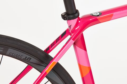 Bicycle part, Bicycle wheel, Bicycle tire, Bicycle frame, Bicycle, Spoke, Pink, Vehicle, Bicycle fork, Rim, 