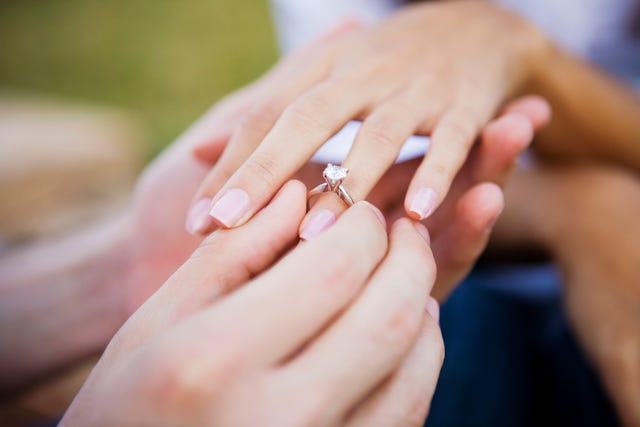 Female and male hands slipping on engagment ring