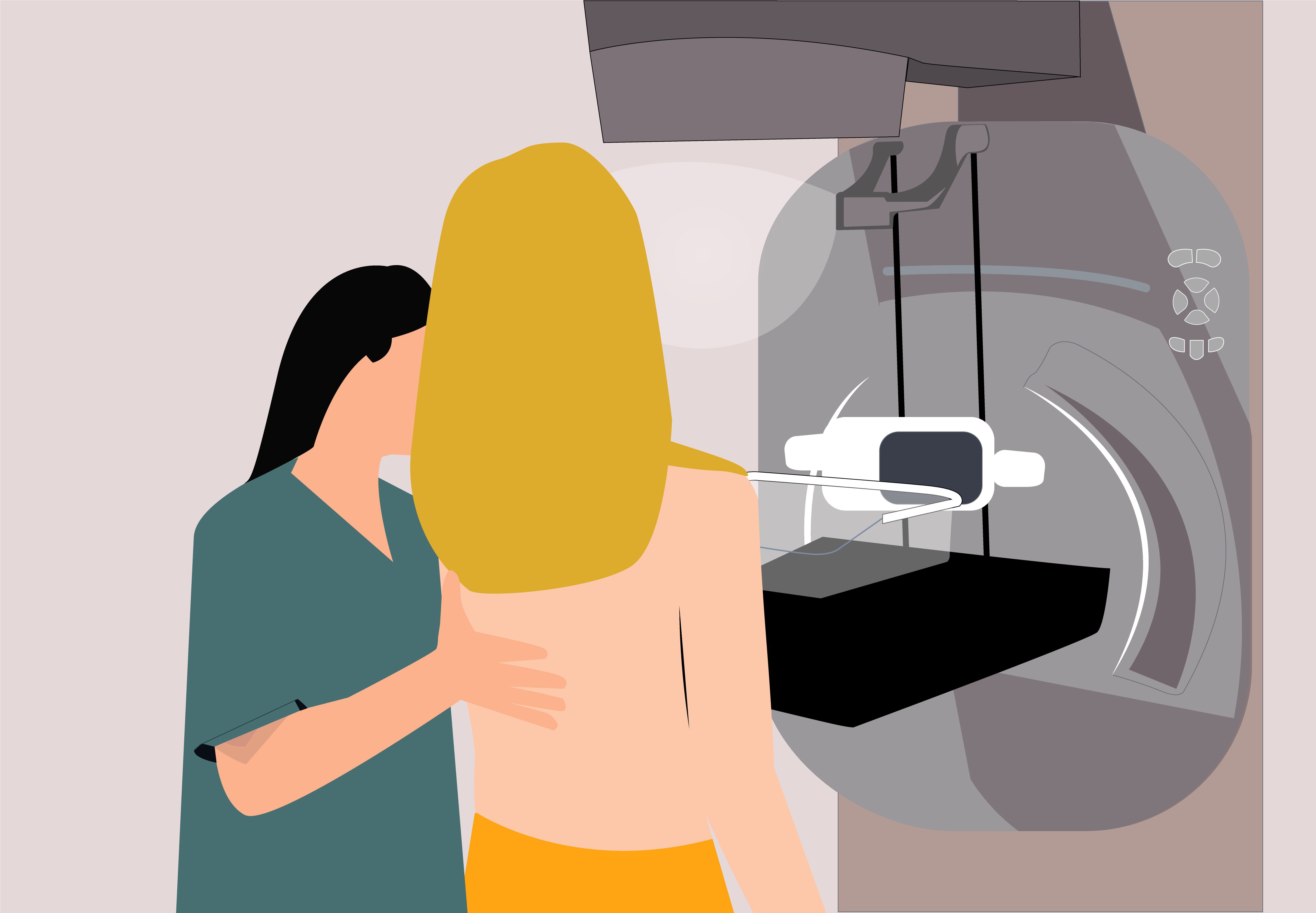 a female assisting doctor helps patient undergoing mammogram x ray test