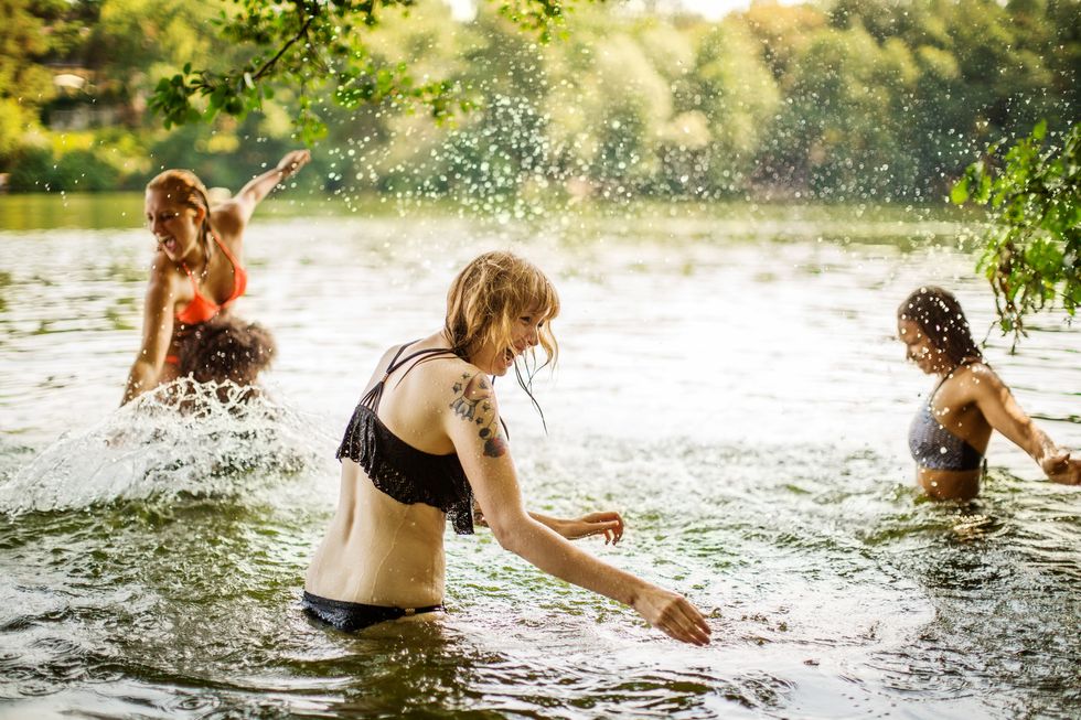 female friends having fun at lake in summer