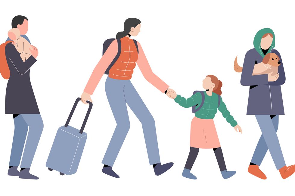 female refugees with kids and pets, running away, carrying babies, pulling suitcases, fleeing from country, escaping war conflict, cartoon characters collection, vector illustrations isolated