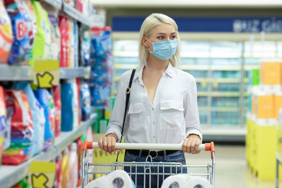 female wearing a mask going out shopping in supermarket