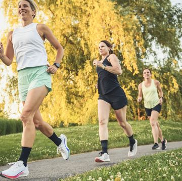 females in sportswear jogging together bright sunny park in summer
