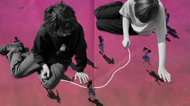 a collage shows two schoolboys holding a jump rope while girls play at jumping over it