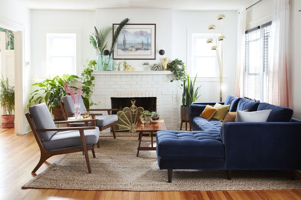 feng shui living room, blue couch with a lot of plants