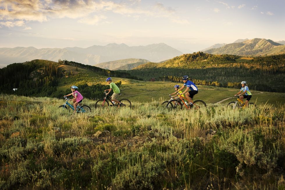 Family mountain biking through scenic background
