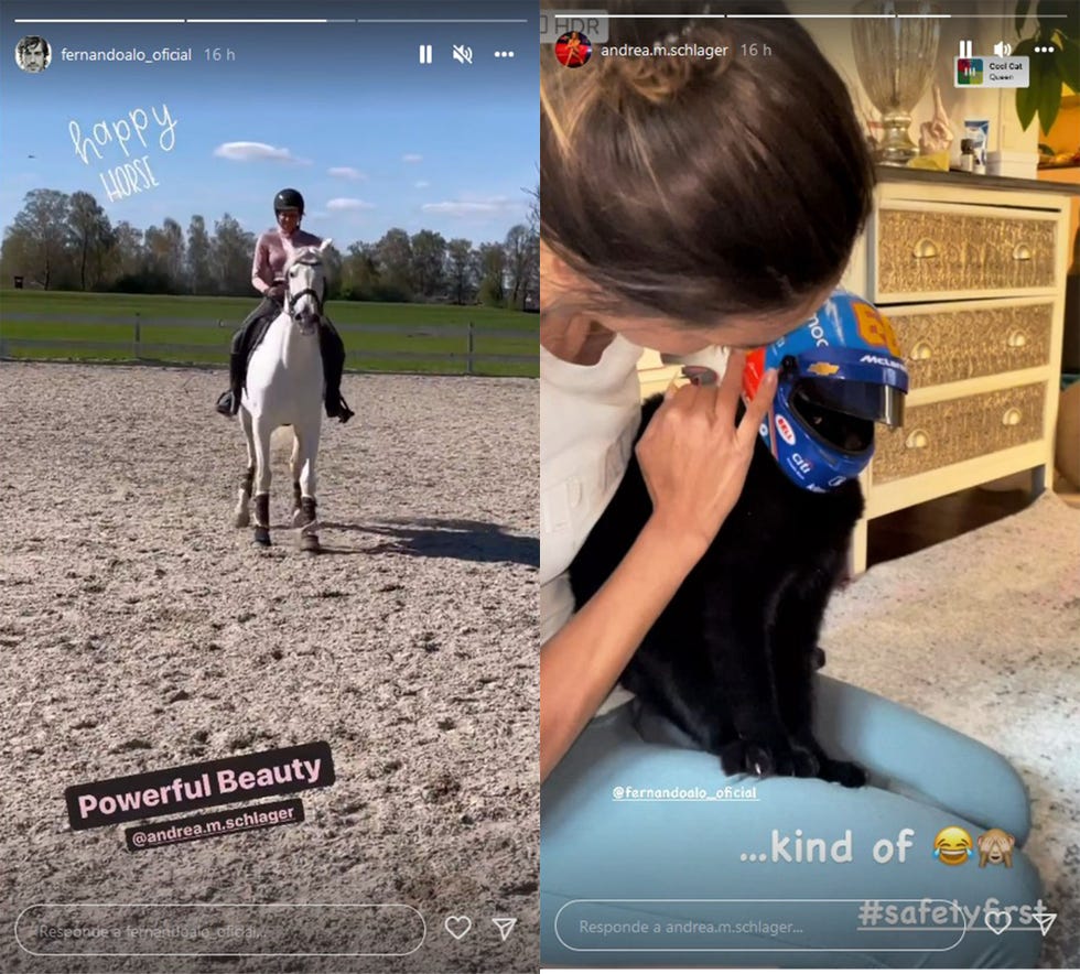 el piloto asturiano ha compartido imágenes de su novia montando a caballo y ella una de su gato con casco