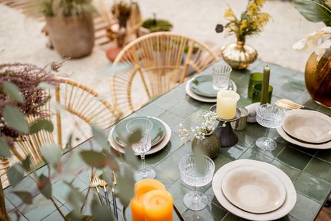 festively decorated tablescape in green tones