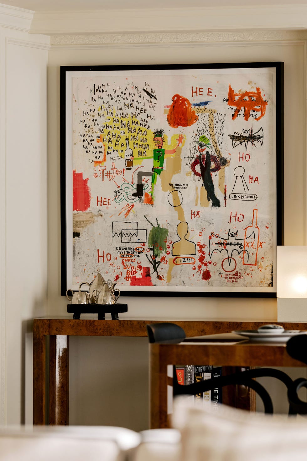 Abstract artwork with playful text and figures