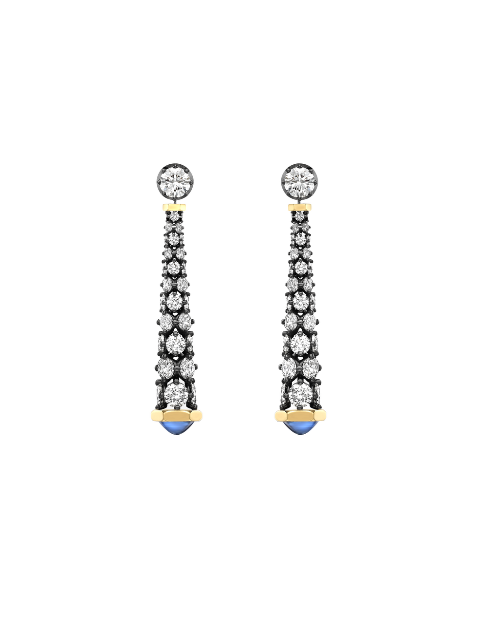 dramatic drop earrings featuring clear gemstones and blue accents
