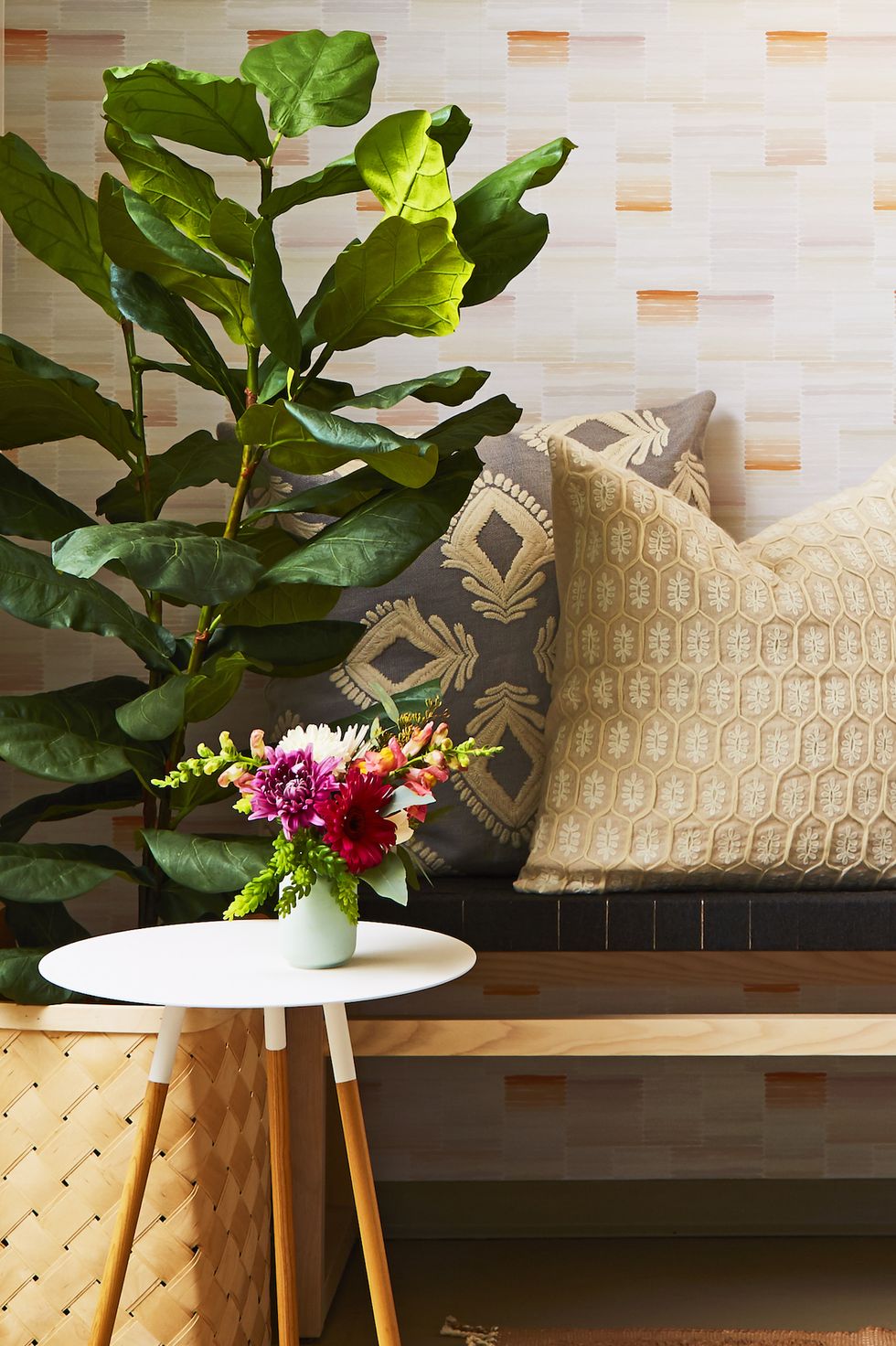 indoor trees, fiddle leaf fig tree in a basket beside the bench