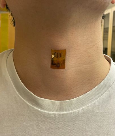 a biofilm powered sensor, on the neck, that measures the mechanical signal of swallowing