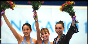 20 feb 1998 michelle kwan of the usa won the silver medal, tara lipinski of the usa won the gold medal and lu chen of china won the bronze medal in the free skate at white ring arena during the 1998 winter olympic games in nagano, japan mandatory credi