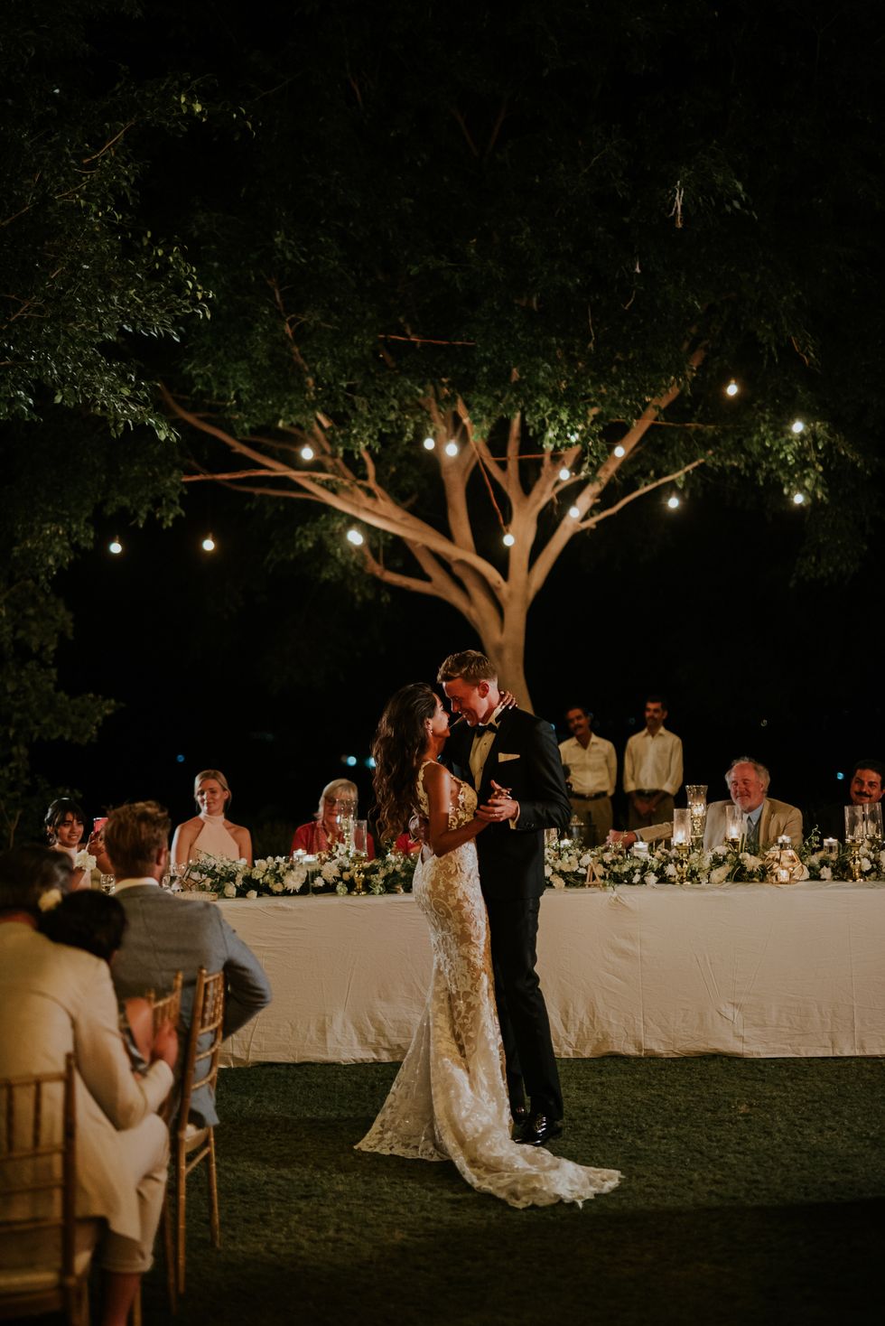 Photograph, Ceremony, Wedding, Bride, Tree, Event, Lighting, Dress, Wedding reception, Marriage, 