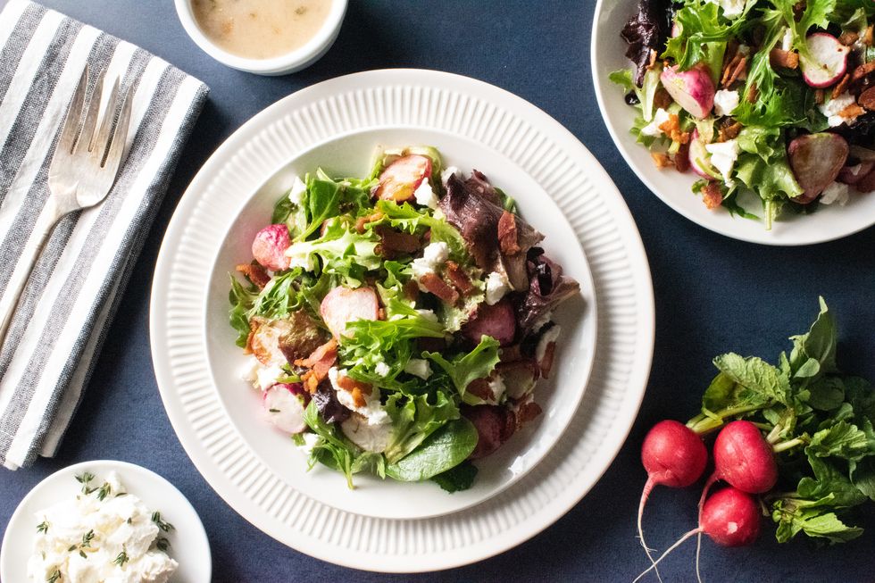 roasted radish salad with goat cheese and bacon
