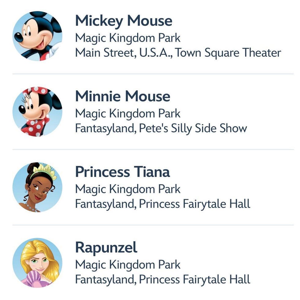 a list of characters to meet at disney world graphical user interface, text, application