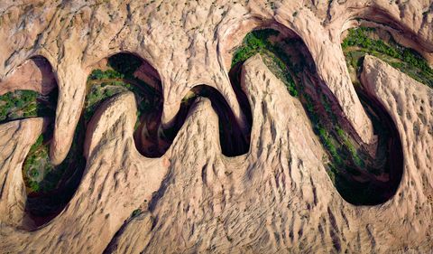 Jaren van erosie vormden deze meanderende zandsteenkloof in Utahs Grand StaircaseEscalante National Monument Daaronder gedijt de vegetatie aan de oevers van de rivier
