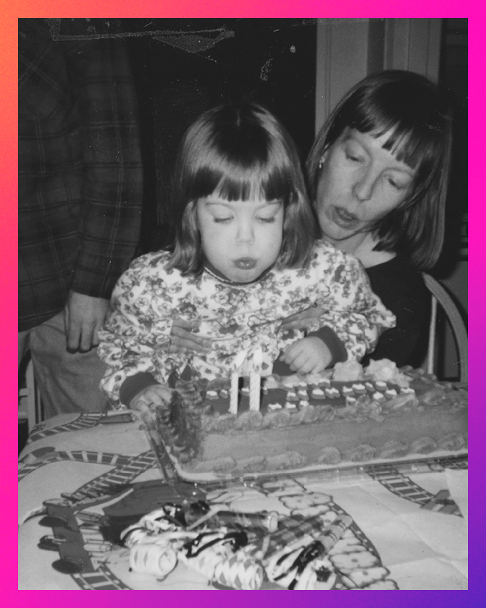 fin leary and his mom blowing out birthday candles as a child