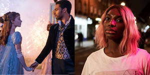 side by side photos on the left, a still from 'bridgerton' of a ball, and on the right a still of michaela coel in a pink wig from 'i may destroy you'