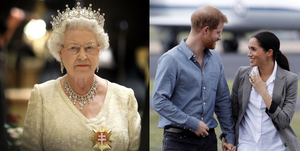left queen elizabeth wearing a crown, necklace, and formal yellow dress right meghan and harry dressed in button down shirts, smiling at each other