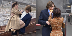 left adam driver picking up lady gaga while dressed as house of gucci characters, right gaga feeding adam a pastry