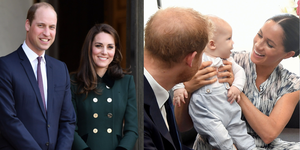 left kate middleton and prince william right prince harry meghan markle and baby archie laughing
