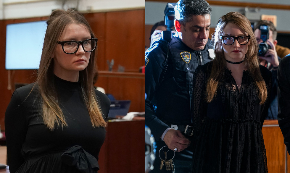 side by side photos of the real anna delvey and julia garner playing anna delvey with both women in the same black dress at trial