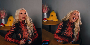 christina aguilera playing mario kart and laughing with a plush banana in the background