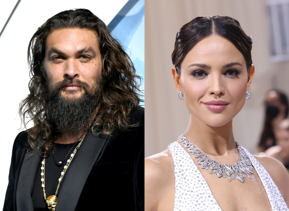 jason momoa and eiza gonzález in a side by side collage