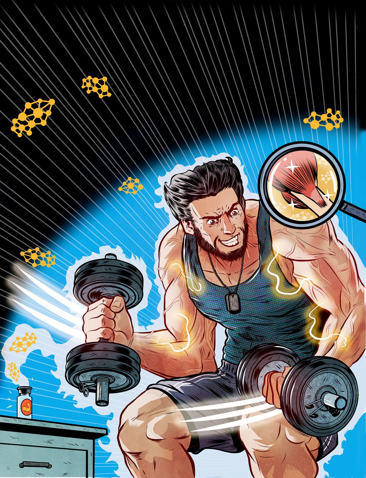 man lifting weights with wolverine claws reference coming from hands