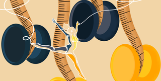 illustrated woman whimsically dancing with large yoyos made of measuring tape
