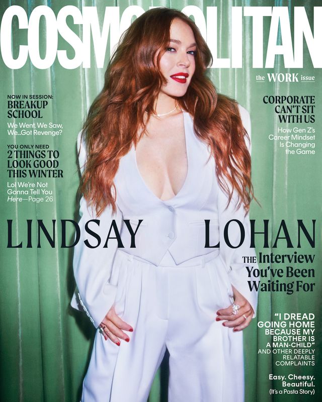 lindsay lohan in a white suit on the cover of cosmopolitan magazine