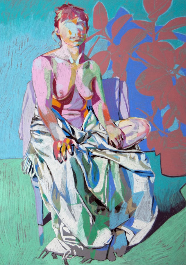 hester finch nude on grey with white blanket  blue wall