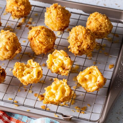 fried mac and cheese balls on wire rack