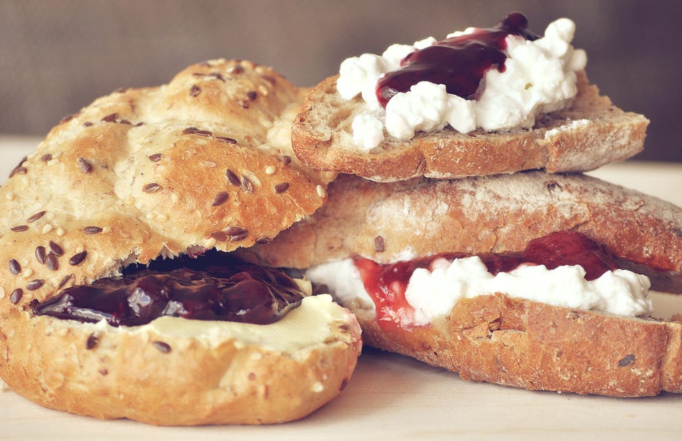 Buns with cottage cheese and jars with preserves, Bratislava, Slovakia