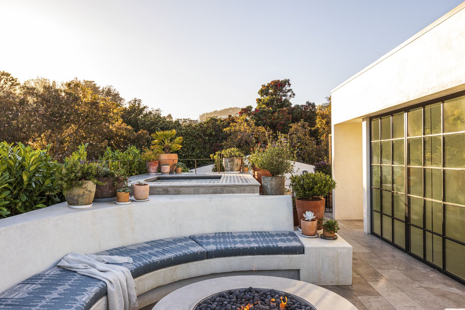 Sunken garden seating online area with fire pit