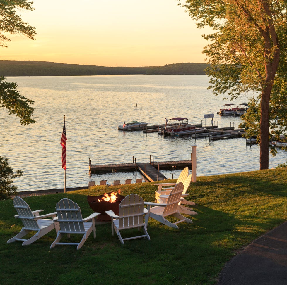 fire pits at sunset at lake resort