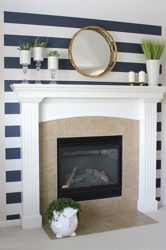 fireplace decor ideas navy and white stripe