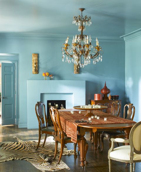 dining room by lydia pursell spectra blue paint turquoise blue green walls, antiques