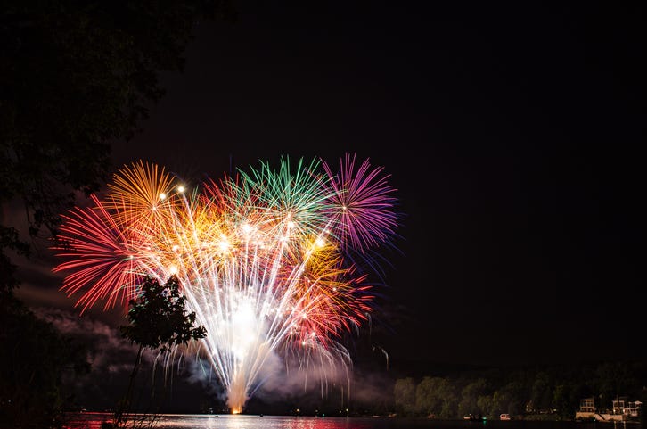 colorful fireworks explode over a lake