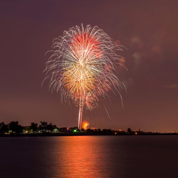 red blue yellow and white fireworks explode over lakewood colorado