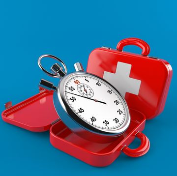 health fixes, first aid kit with stopwatch isolated on blue background 3d illustration