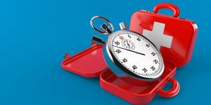health fixes, first aid kit with stopwatch isolated on blue background 3d illustration